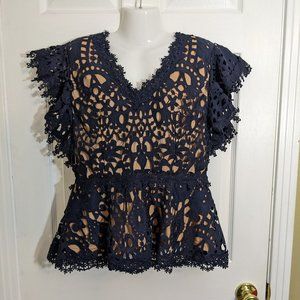 For Her NYC Navy Crochet Floral V Neckline Cap Sleeve Peplum Style Blouse - XL
